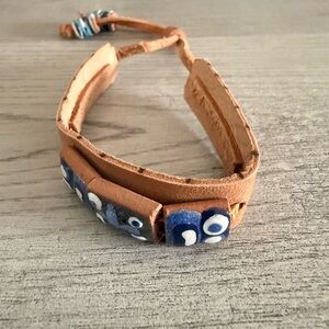 Handcrafted Tan and Blue leather bracelet - made in Cuba